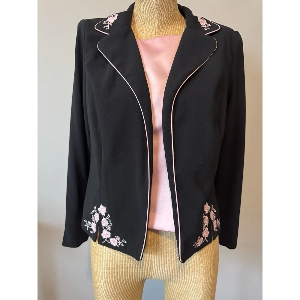 VTG Y2K Sag Harbor Jacket Blazer Black‎ Pink Embroidered Flowers Goth Girly Sz 8